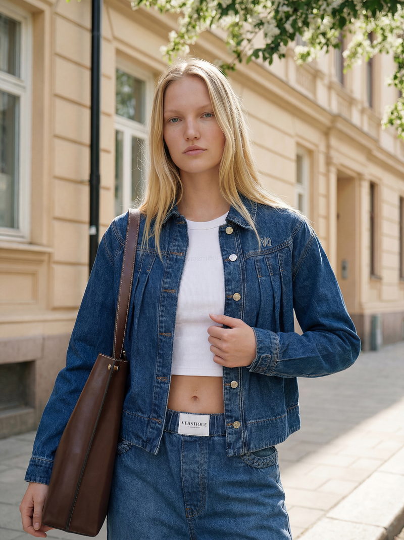 Denimjacke von VERSTIQUE zu weißem Cropped-Top